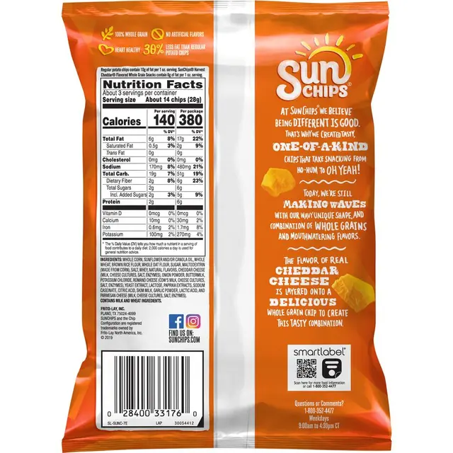 SunChips Whole Grain Snacks Harvest Cheddar Flavored 7 Oz